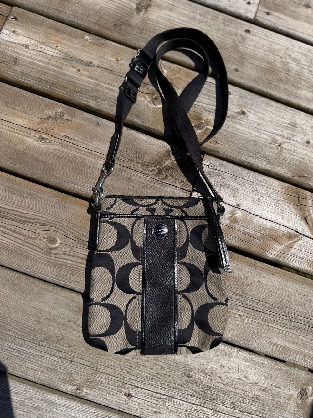 Coach Signature Canvas Swingpack Crossbody Bag Khaki Black Adjustable Zip